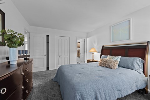 A bedroom with a large bed and a dresser with a plant on top.