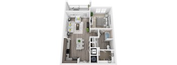 3D 742sf 1 bed 1 bath floor plan at The Flats at Ballantyne