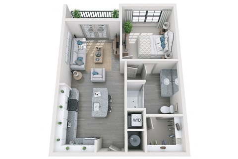 1 bed 1 bath 678 sf 3D floor plan at 1010 Dilworth Apartments, North Carolina, 28204