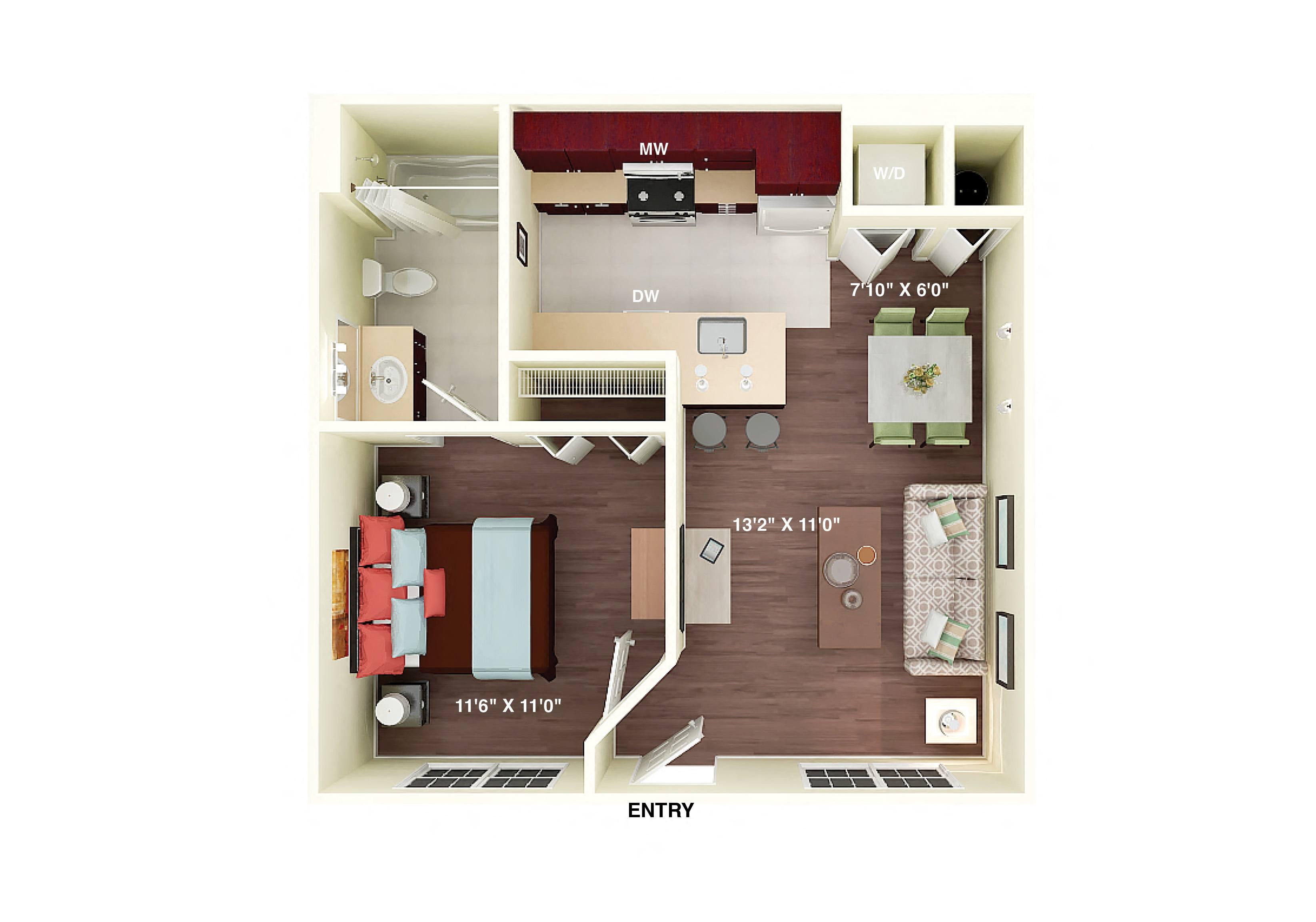 Beaufort 1 Bedroom 1 Bath floor plan