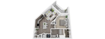 3D 760sf 1 bed 1 bath floor plan at The Flats at Ballantyne