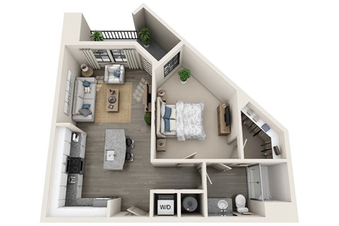 1 bed 1 bath 732 sf 3D floor plan at 1010 Dilworth Apartments, North Carolina