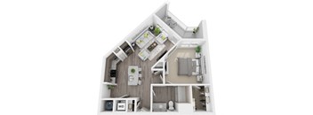 3D 783sf 1 bed 1 bath floor plan at The Flats at Ballantyne