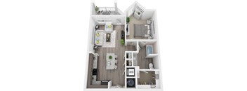 3D 778sf 1 bed 1 bath floor plan at The Flats at Ballantyne