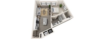 1 bed 1 bath 688 sf 3D floor plan at 1010 Dilworth Apartments, Charlotte, NC