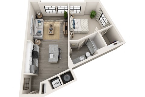 1 bed 1 bath 688 sf 3D floor plan at 1010 Dilworth Apartments, Charlotte, NC