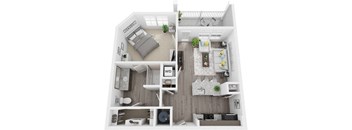 3D 716sf 1 bed 1 bath floor plan at The Flats at Ballantyne