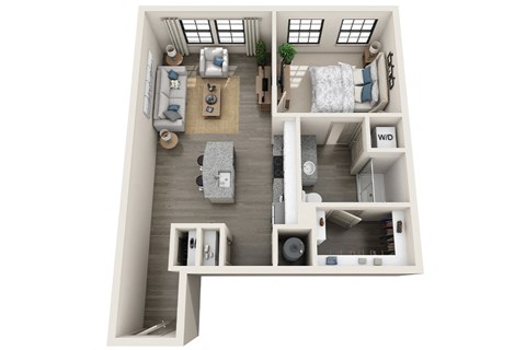 1 bed 1 bath 742 sf 3D floor plan at 1010 Dilworth Apartments, Charlotte North Carolina