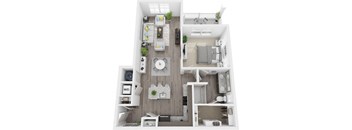 3D 883sf 1 bed 1 bath floor plan at The Flats at Ballantyne