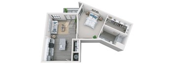 1 bed 1 bath 810 sf 3D floor plan at 1010 Dilworth Apartments, Charlotte, 28204