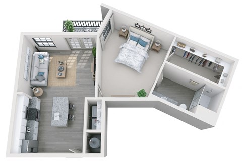 1 bed 1 bath 810 sf 3D floor plan at 1010 Dilworth Apartments, Charlotte, 28204