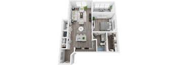 3D 800 sf 1 bed 1 bath floor plan at The Flats at Ballantyne