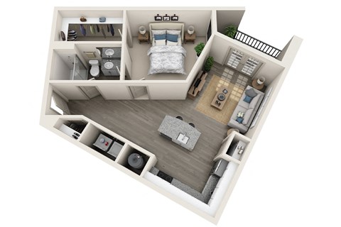 1 bed 1 bath 779 sf 3D floor plan at 1010 Dilworth Apartments, Charlotte, NC 28204