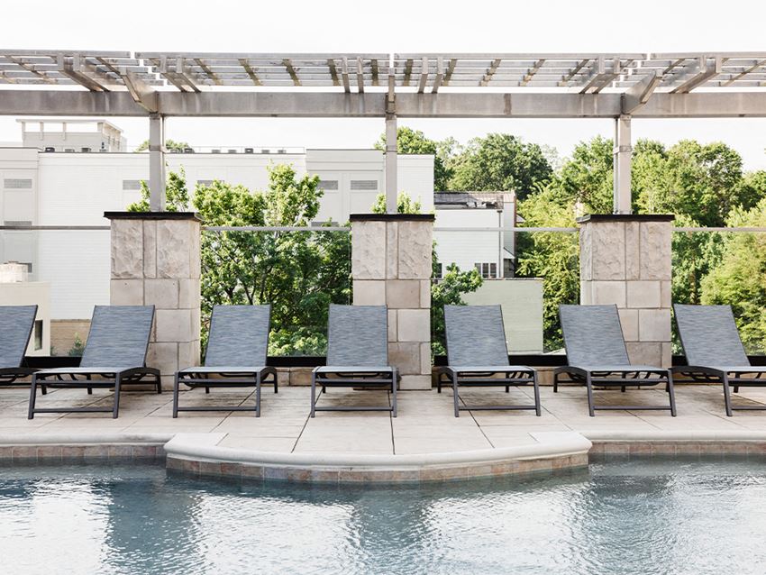 Sundeck with chaise lounge seating and pool Sundeck with chaise lounge seating and pool at St. Marys Square Apartments, Raleigh - Photo Gallery