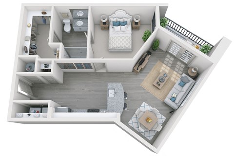1 bed 1 bath 826 sf 3D floor plan at 1010 Dilworth Apartments, Charlotte, NC 28204