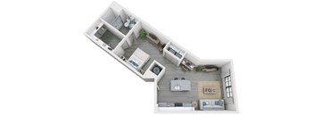 1 bed 1 bath 744 sf 3D floor plan at 1010 Dilworth Apartments, Charlotte, NC