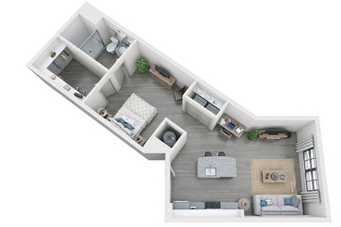 1 bed 1 bath 744 sf 3D floor plan at 1010 Dilworth Apartments, Charlotte, NC