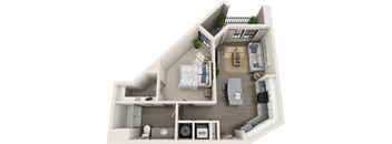 1 bed 1 bath 728 sf 3D floor plan at 1010 Dilworth Apartments, Charlotte, NC 28204