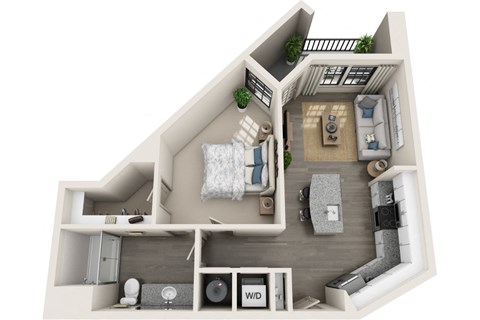 1 bed 1 bath 728 sf 3D floor plan at 1010 Dilworth Apartments, Charlotte, NC 28204