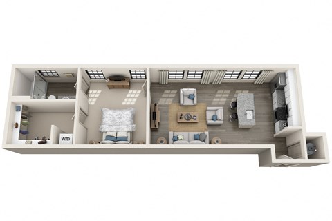 1 bed 1 bath 788 sf 3D floor plan at 1010 Dilworth Apartments, Charlotte