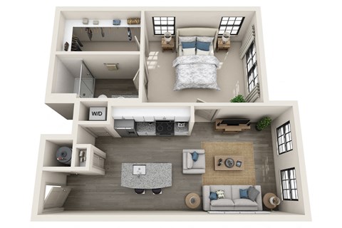 1 bed 1 bath 679 sf 3D floor plan at 1010 Dilworth Apartments, Charlotte