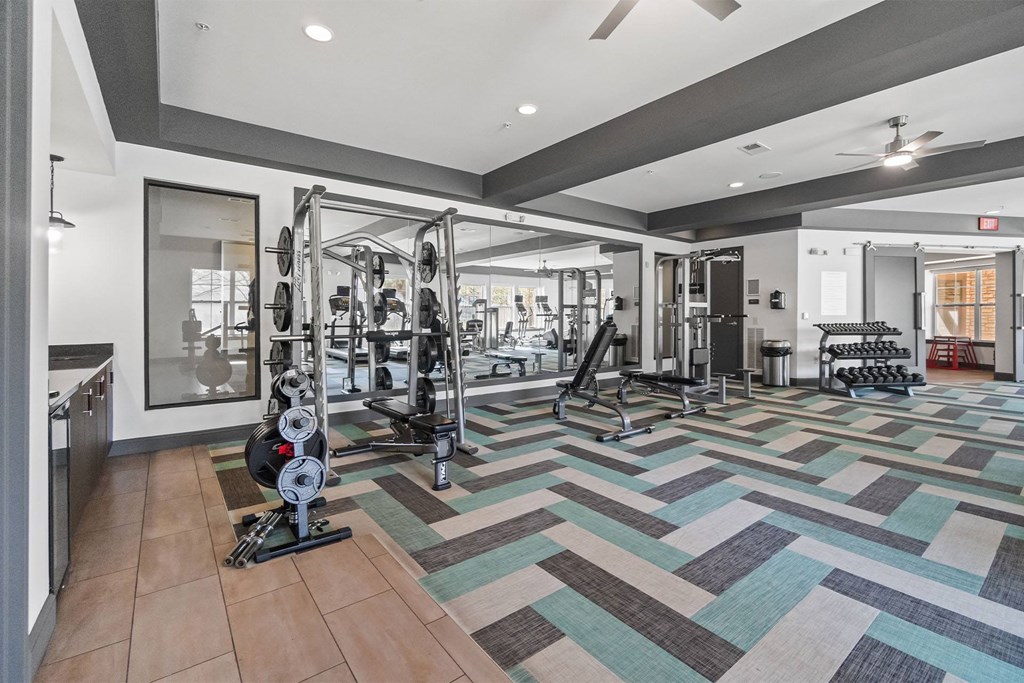 A gym with a variety of equipment including a squat rack, bench press, and a mirror at 1010 Dilworth Apartments, North Carolina