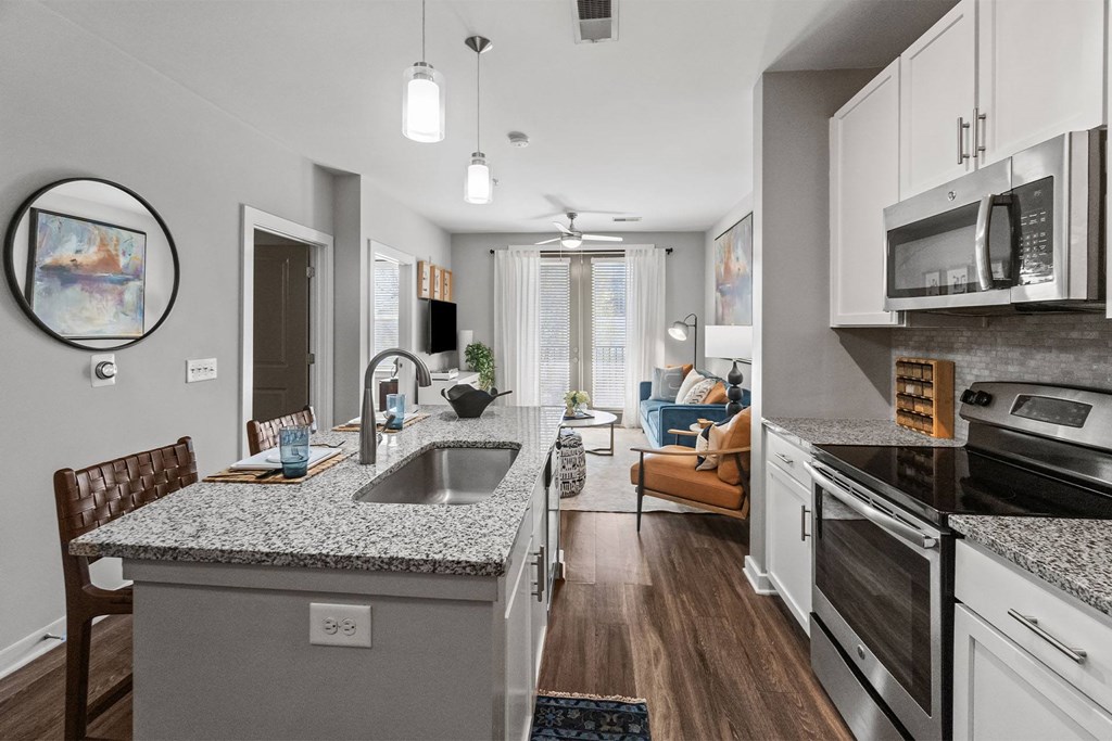 A modern kitchen with granite countertops and stainless steel appliances. at 1010 Dilworth Apartments, Charlotte