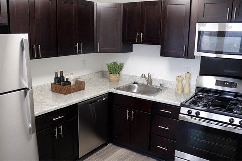a kitchen with dark cabinets and a sink and a refrigerator