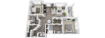 3D 1097sf 2 bed 2 bath floor plan at The Flats at Ballantyne