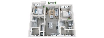 2 bed 2 bath 1038 sf 3D floor plan at 1010 Dilworth Apartments, Charlotte North Carolina