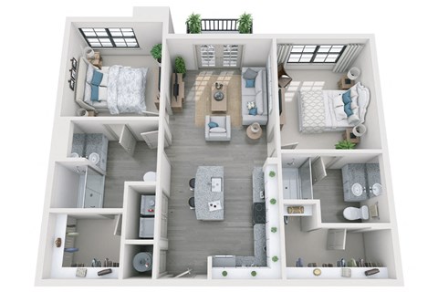 2 bed 2 bath 1038 sf 3D floor plan at 1010 Dilworth Apartments, Charlotte North Carolina
