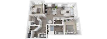 3D 1193sf 2 bed 2 bath floor plan at The Flats at Ballantyne