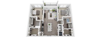 3D 1137sf 2 bed 2 bath floor plan at The Flats at Ballantyne