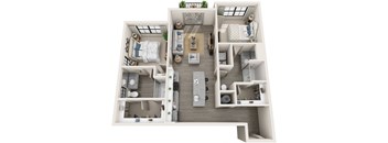 2 bed 2 bath 1136 sf 3D floor plan at 1010 Dilworth Apartments, Charlotte, NC