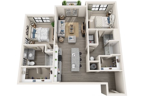 2 bed 2 bath 1136 sf 3D floor plan at 1010 Dilworth Apartments, Charlotte, NC