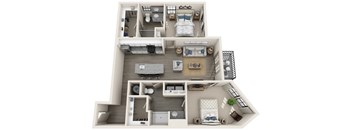 2 bed 2 bath 1177 sf 3D floor plan at 1010 Dilworth Apartments, North Carolina, 28204