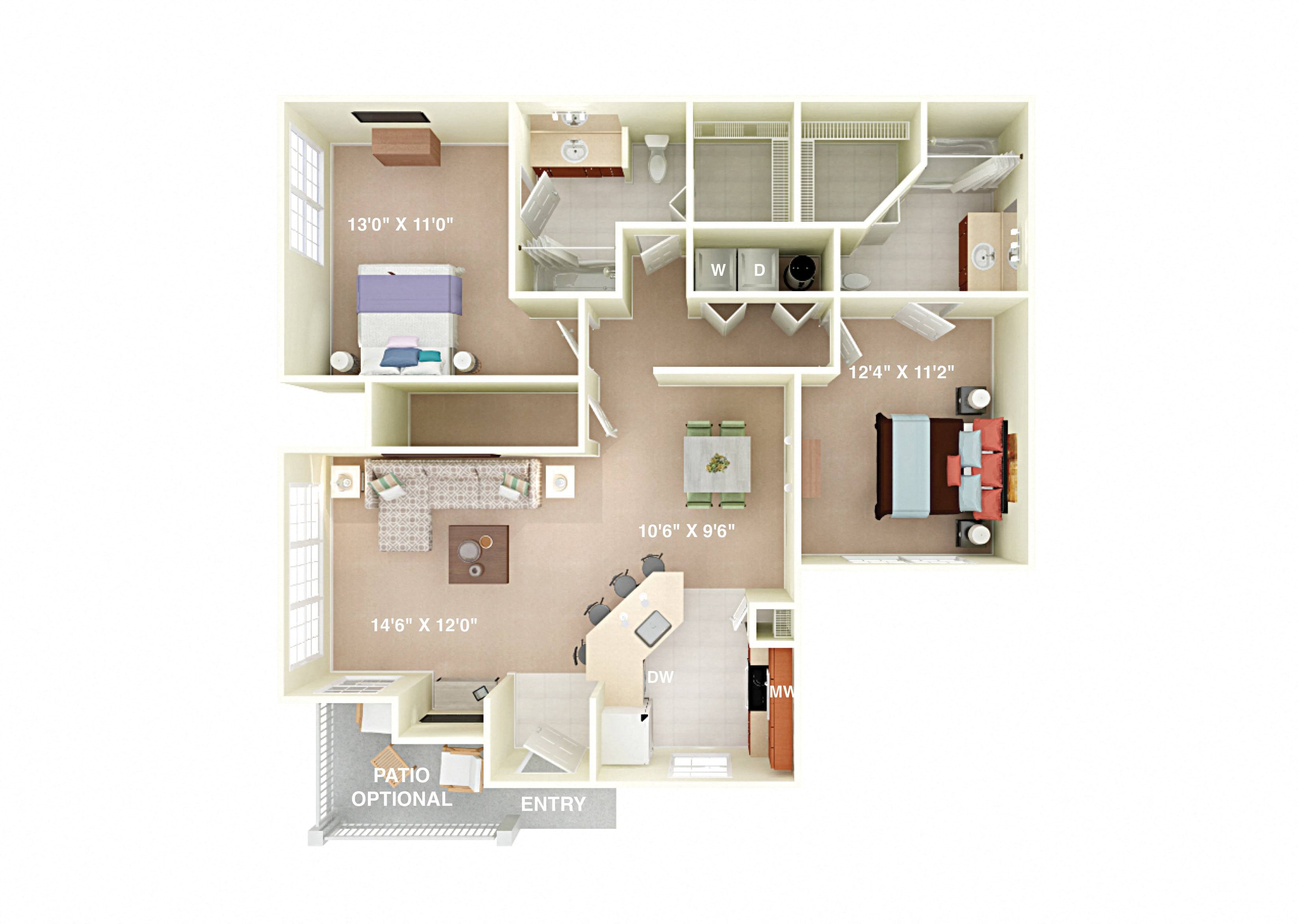 Hunter 2 Bedroom 2 Bath floor plan