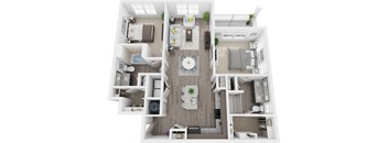 3D 1189sf 2 bed 2 bath floor plan at The Flats at Ballantyne