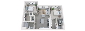 2 bed 2 bath 1082 sf 3D floor plan at 1010 Dilworth Apartments, Charlotte, 28204,