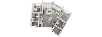 3D 1278sf 2 bed 2 bath floor plan at The Flats at Ballantyne