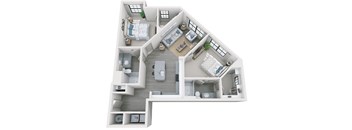 2 bed 2 bath 1070 sf 3D floor plan at 1010 Dilworth Apartments, Charlotte