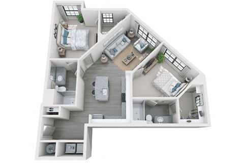 2 bed 2 bath 1070 sf 3D floor plan at 1010 Dilworth Apartments, Charlotte