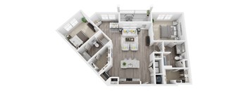 3D 1272sf 2 bed 2 bath floor plan at The Flats at Ballantyne