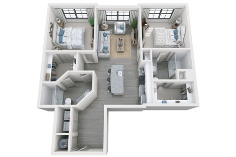 2 bed 2 bath 1061 sf 3D floor plan at 1010 Dilworth Apartments, Charlotte, NC