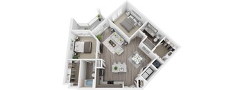 3D 1093sf 2 bed 2 bath floor plan at The Flats at Ballantyne