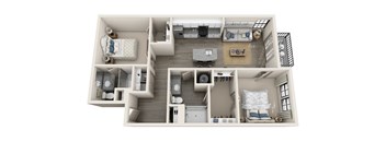 2 bed 2 bath 1069 sf 3D floor plan at 1010 Dilworth Apartments, North Carolina, 28204