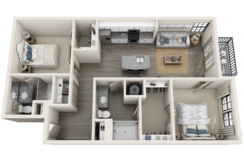 2 bed 2 bath 1069 sf 3D floor plan at 1010 Dilworth Apartments, North Carolina, 28204