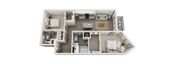 2 bed 2 bath 1010 sf 3D floor plan at 1010 Dilworth Apartments, North Carolina