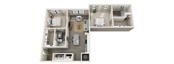 2 bed 2 bath 1179 sf 3D floor plan at 1010 Dilworth Apartments, Charlotte