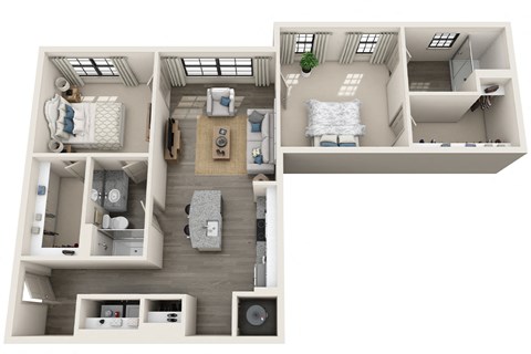 2 bed 2 bath 1179 sf 3D floor plan at 1010 Dilworth Apartments, Charlotte